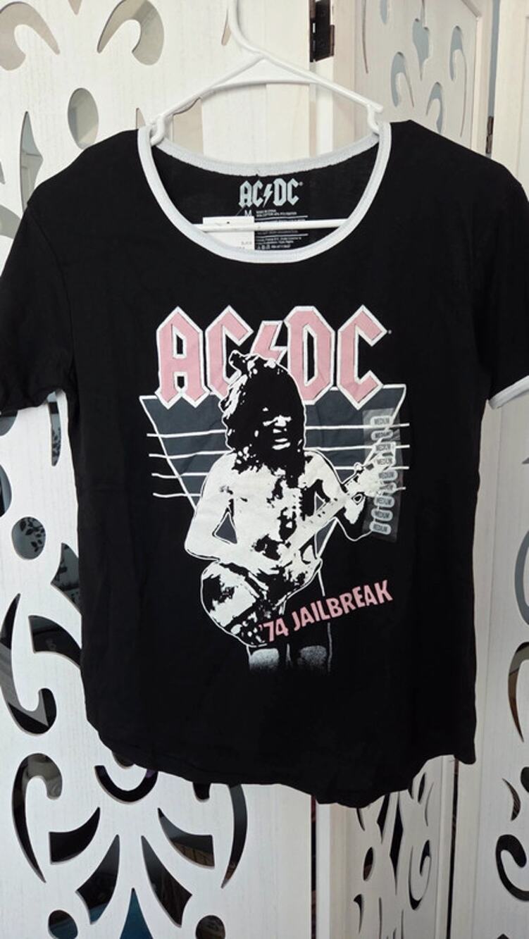 AC/DC '74 Jailbreak Ringer Graphic T Shirt Women's Medium Black Pink Rock Band